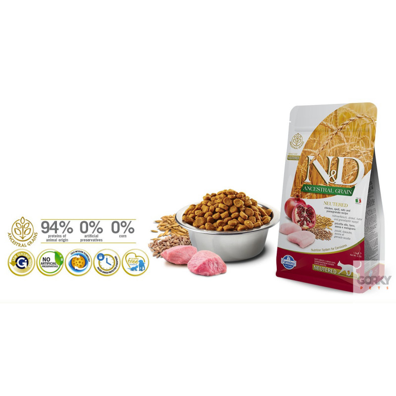 Farmina N&D Cat Ancestral Grain Neutered - Frango & Romã – Ração Superpremium com Cereais Ancestrais