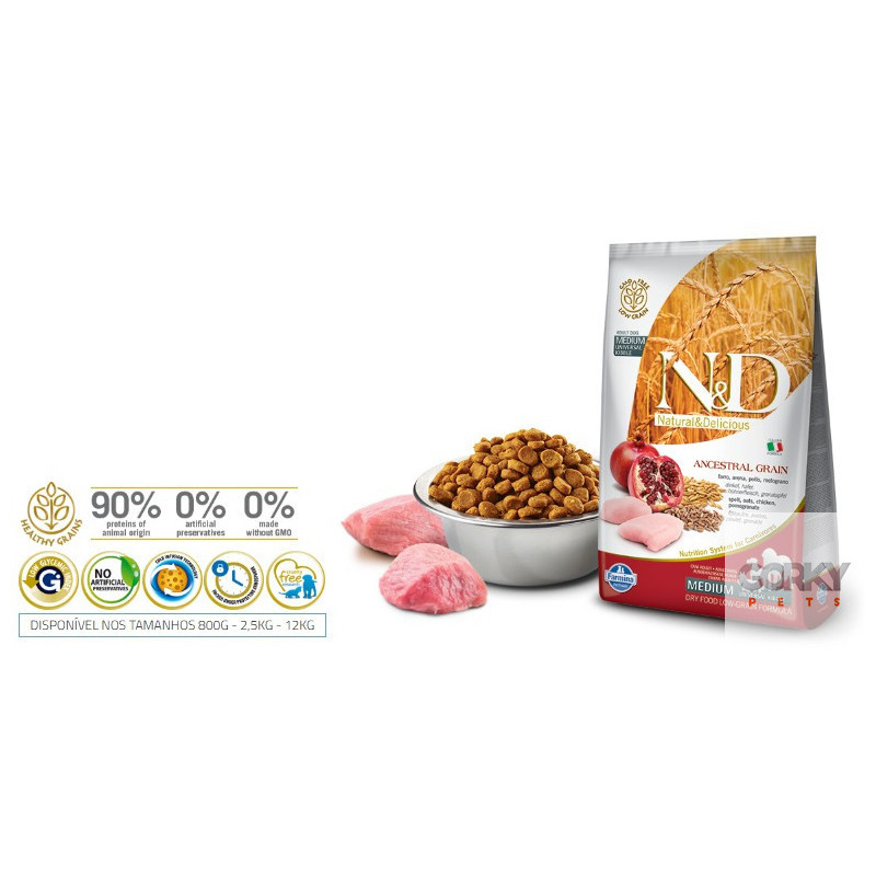 Farmina N&D Chicken & Pomegranate Adult Medium & Maxi (Ancestral Grain) | Ração Superpremium com Cereais