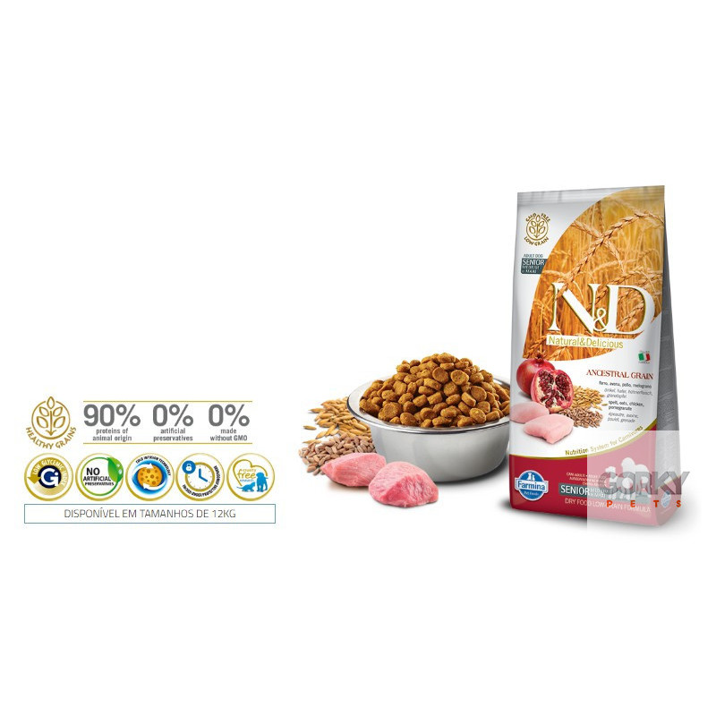 Farmina N&D Chicken & Pomegranate Senior Medium & Maxi (Ancestral Grain) | Ração Superpremium Sénior com Cereais