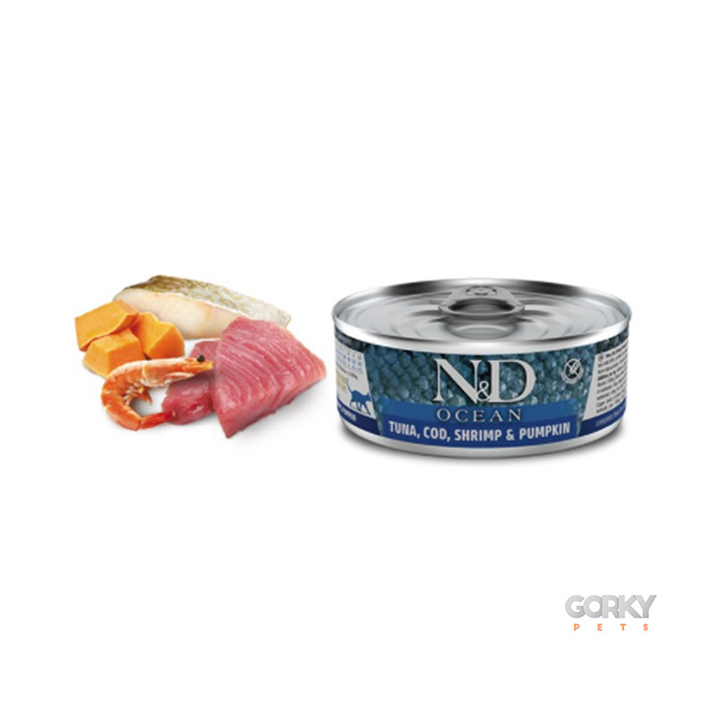 N&D Cat (Ocean) Adulto Húmido - Atum, Bacalhau, Camarão & Abóbora – Alimento Completo