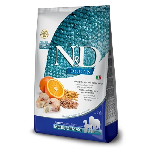 Farmina N&D Ocean Cod, Spelt, Oats & Orange Adult Medium & Maxi - Ração Superpremium com Cereais