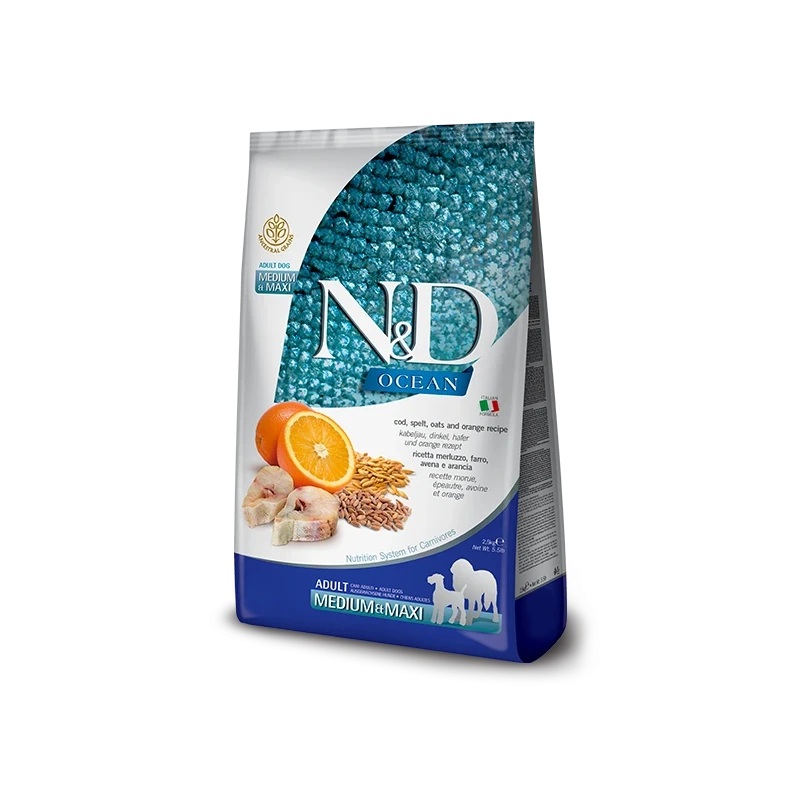 Farmina N&D Ocean Cod, Spelt, Oats & Orange Adult Medium & Maxi - Ração Superpremium com Cereais