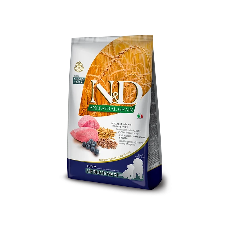 Farmina N&D Ancestral Grain Lamb & Blueberry Puppy Medium & Maxi – Ração Superpremium com Cereais