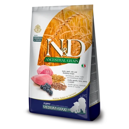 Farmina N&D Ancestral Grain Lamb & Blueberry Puppy Medium & Maxi – Ração Superpremium com Cereais