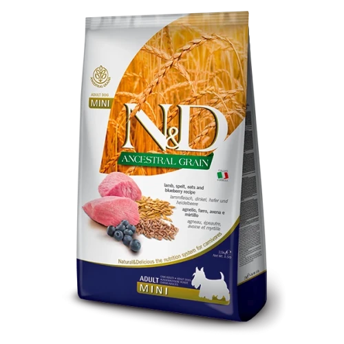 Farmina N&D Ancestral Grain Lamb & Blueberry Adult Mini – Ração Superpremium com Cereais